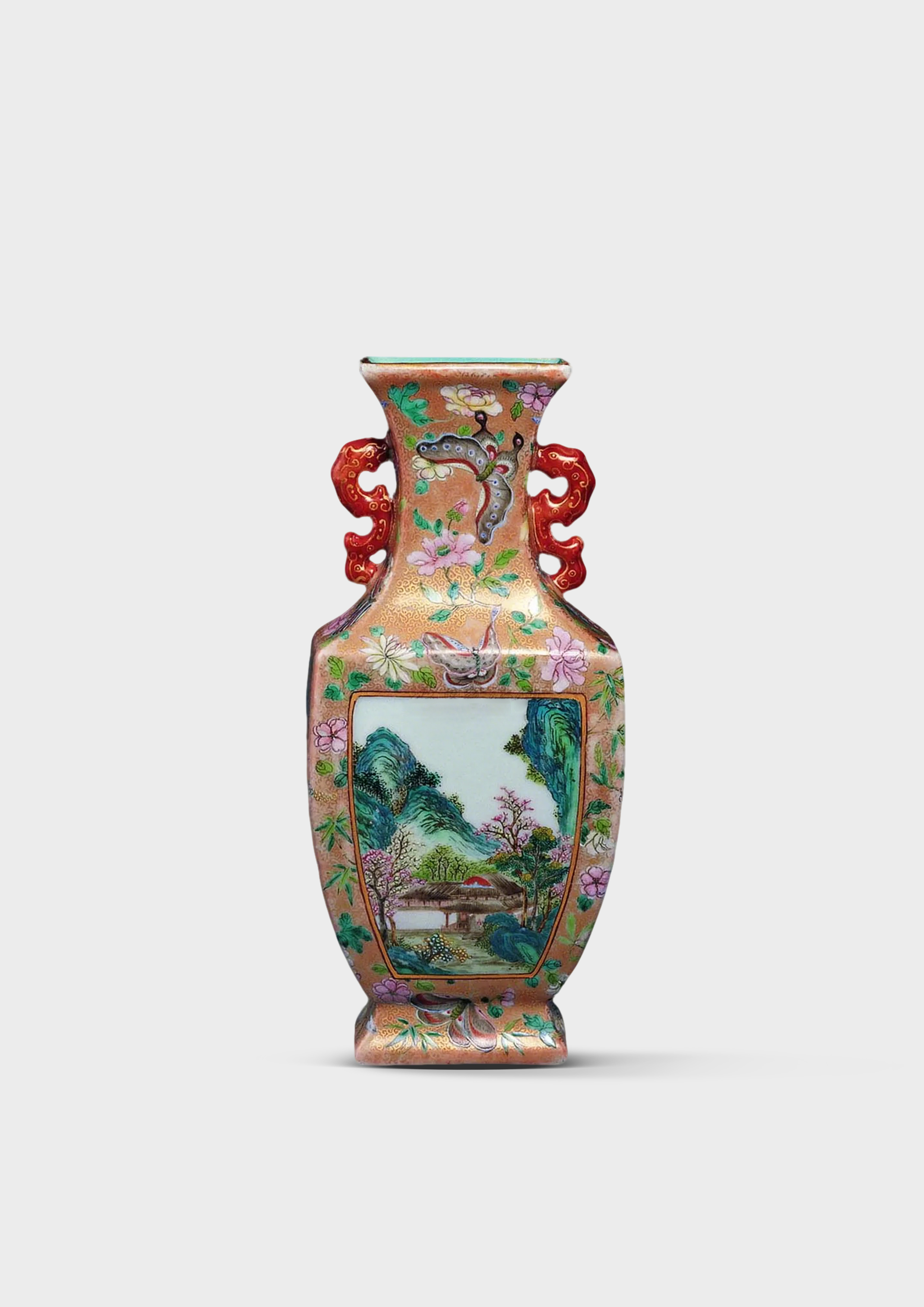 清乾隆 粉彩開光山水圖壁瓶